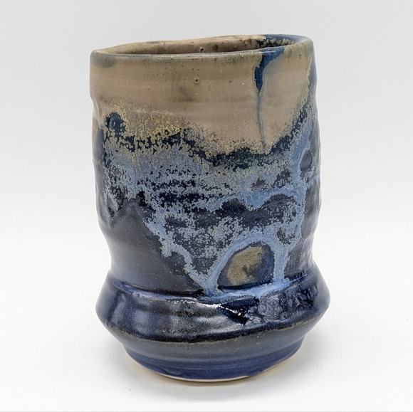 Handmade Tan Blue Glazed Earthenware Ceramic Abstract Mug Vase - Picture 4 of 11